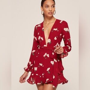 Reformation Whitby Wrap Dress | Red with White Flowers | Size Medium